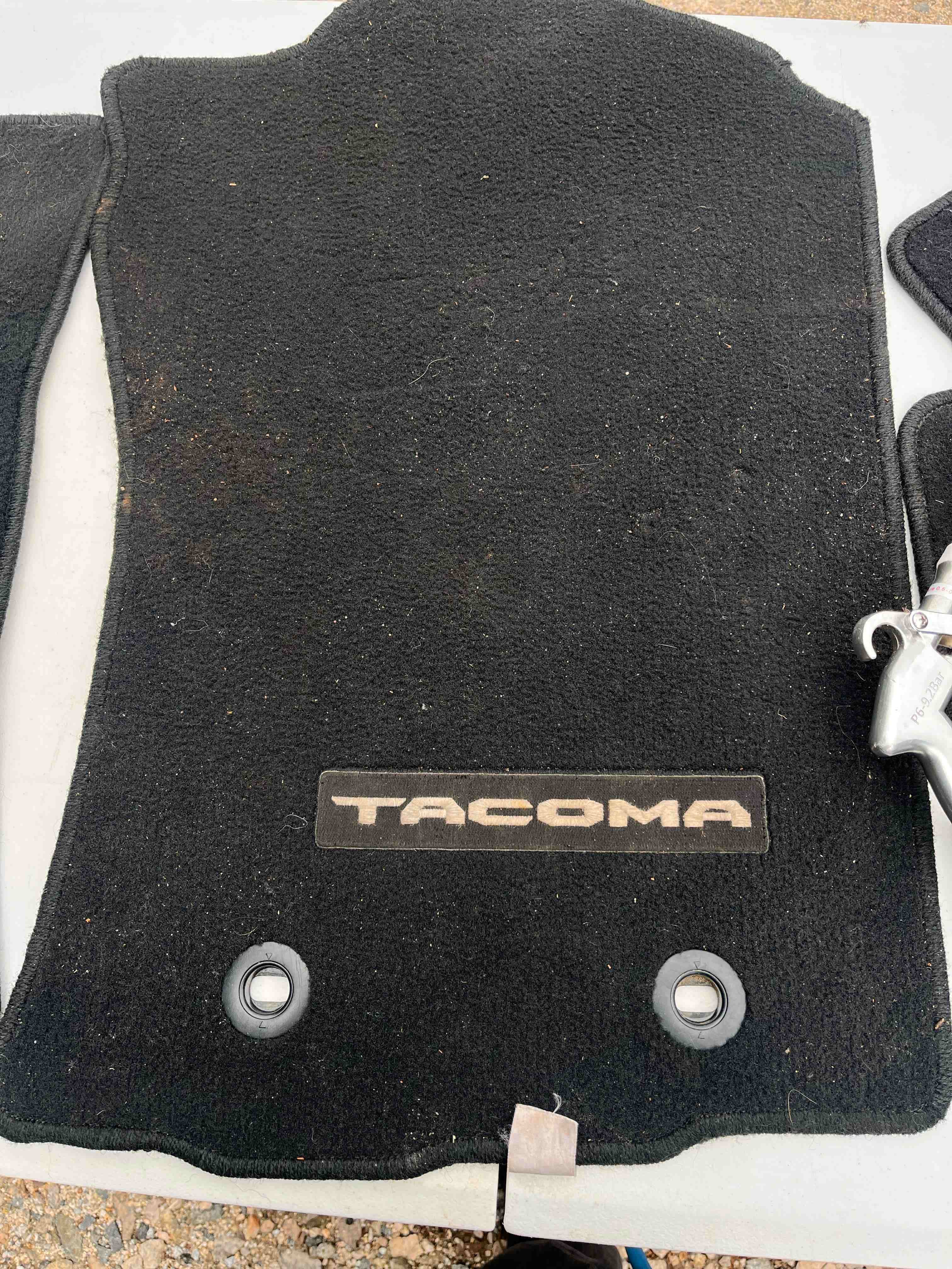 Black vehicle floor mat with visible debris